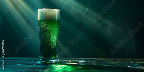   St Patrick's Day with a light beer in glass on dark green background   photo