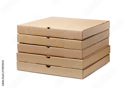 Stack of blank brown cardboard pizza boxes