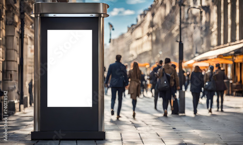 Advertising stand in a city street setting