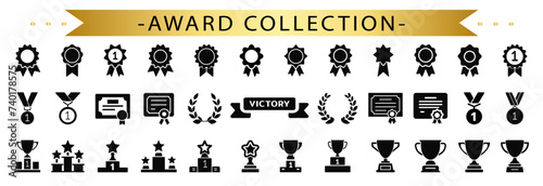 Award symbols collection. Trophy cup, medal, winner prize icon. Winning icons collection. 