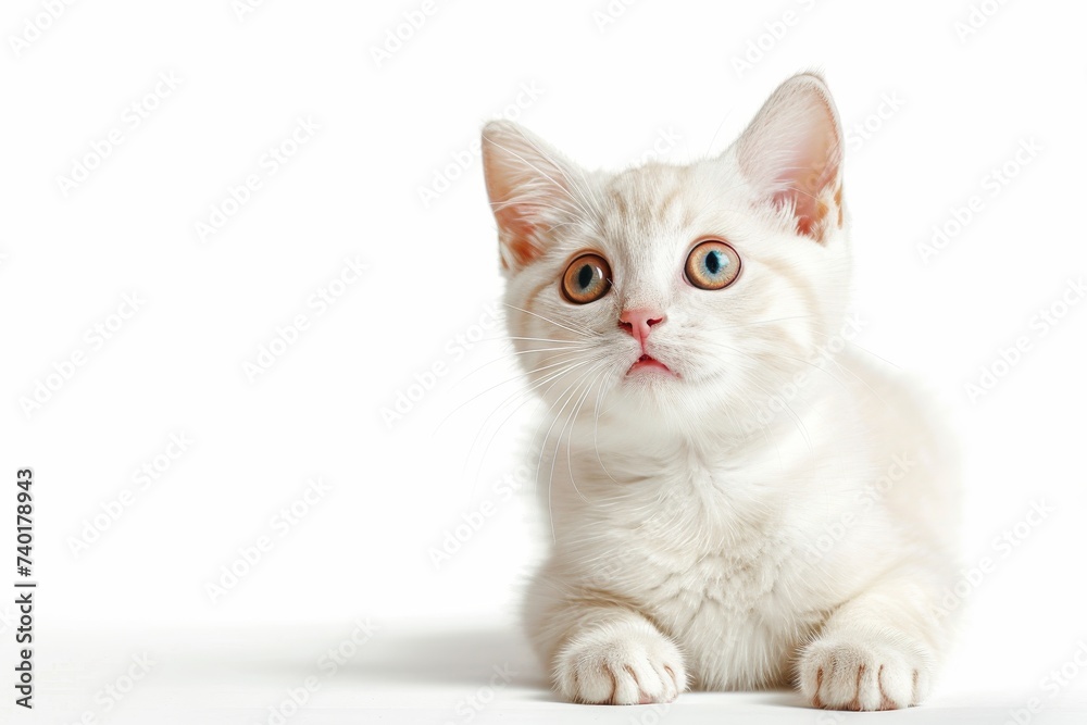 white cat with wide eyes and a surprised expression on its face, giving the impression of being caught off guard by something unexpected