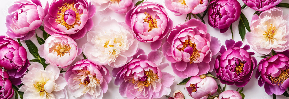 Summer flowers layout, background, wallpaper or texture. Flat-lay of pink and purple peony flowers arrangement over plain white background, top view. Florist shop website banner or wallpaper