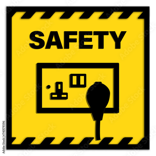 Safety sign (yellow and black square shape) showing a UK electric plug socket with switches for construction sites warning prevention or employee protection