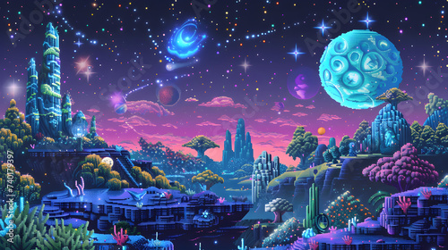A digital painting of a mountain and a person in a blue and purple space suit,, Pixel Space Background - Pro Photo