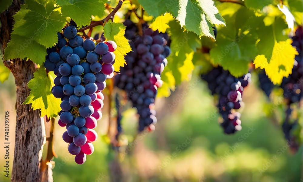 Sunny vineyard with clusters of ripe grapes in focus