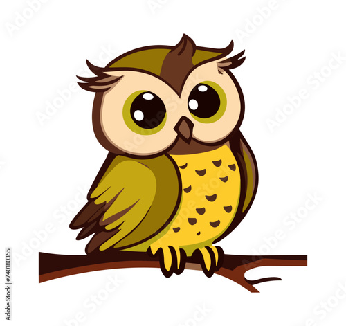 Cute funny cartoon owl sitting on branch. Forest bird or animal character. Decorative and style toy, doll. Children's vector illustration for print or sticker isolated on White background.