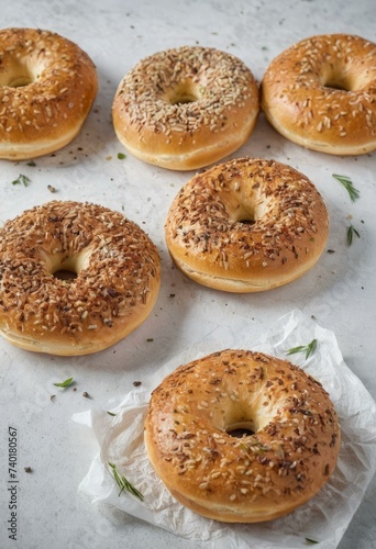 Assorted Seeded Bagels on White Background