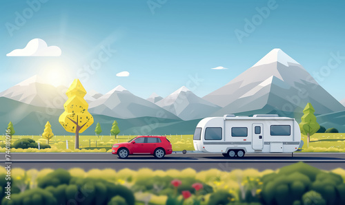 car with camper on a road trip, motorhome vacation at mountains illustration photo