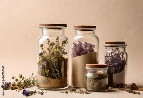 Herbal apothecary aesthetic. Jars with dry herbs and flowers on a beige background.