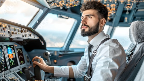 The pilot controls the aircraft. The control panel in the cockpit glows and clouds are visible in the windshield. Generative AI. Illustration for banner, poster, cover, brochure or presentation.