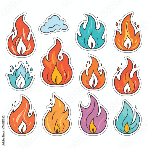 Colorful cartoon fire and cloud stickers featuring various vibrant flame designs on a white background with playful and dynamic energy.