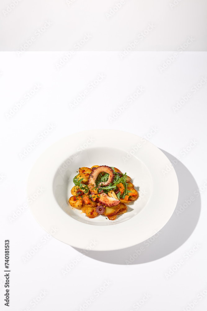 Grilled Octopus Tentacles with Potato Gratin Isolated on White Background Grilled Octopus Tentacles with Potato Gratin Isolated on White Background