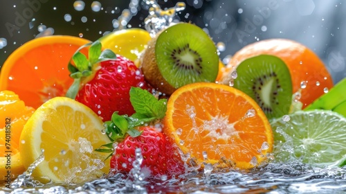 Fresh Fruits Falling with water Splash, reflection, cutout. Orange, grapefruit juicy citrus slice mix fly splashing, realistic, detailed. Grocery product package, advert © Happy Lab