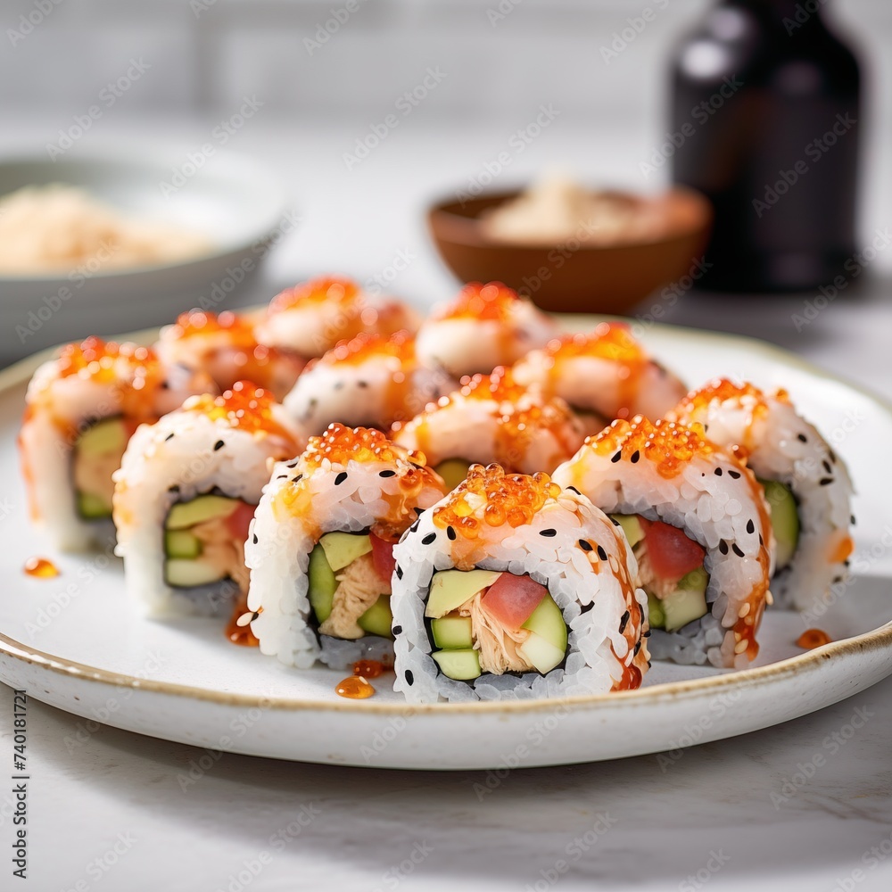 Sushi Platter, close up. Realistic 3d illustration Japanese salmon sushi set, detailed for advertising, menu or package. Sushi Platter, close up. Realistic 3d illustration Japanese salmon sushi set, detailed for advertising, menu or package.