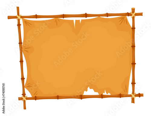 Bamboo frames parchment icon. Wooden tropical stick border. Signboard cartoon or blank papyrus banners. illustration isolated on white background