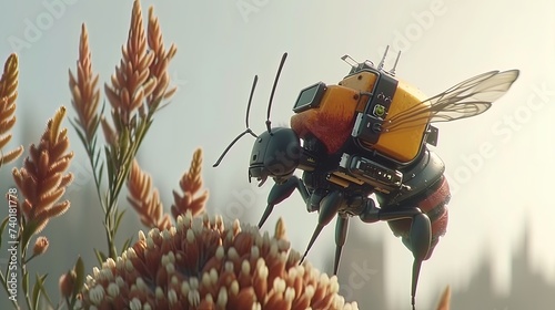 A robotic bee perches on a flower and pollinates it. Hard-working insect pollinator with artificial intelligence at work. Technologies of the future. Illustration for varied design.