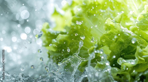 Salad Greens Fresh Falling with water Splash, reflection, cutout. Juicy salad fly splashing, realistic, detailed. Grocery product package, advert
