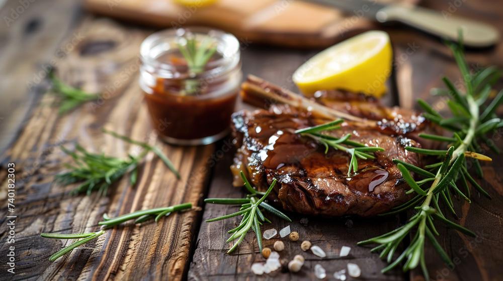 A delectable, juicy steak drizzled with rich barbecue sauce, adorned with a sprig of rosemary and a slice of lemon, served on a wooden cutting board.
A delectable, juicy steak drizzled with rich barbecue sauce, adorned with a sprig of rosemary and a slice of lemon, served on a wooden cutting board.