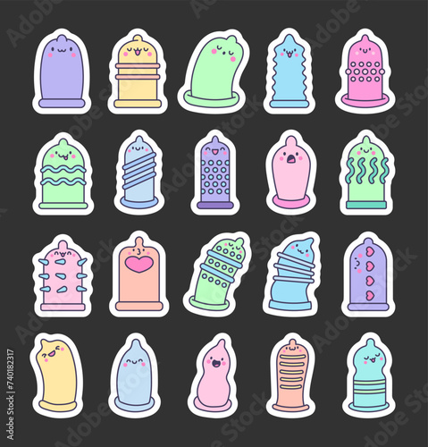 Cute kawaii condoms with faces and emojis. Sticker Bookmark. Cartoon contraception characters. Hand drawn style. Vector drawing. Collection of design elements.