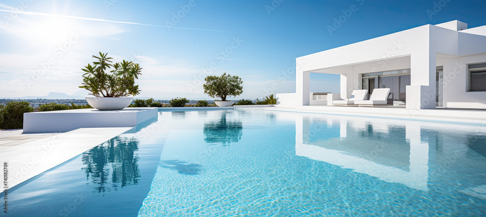 Luxury swimming pool in daylight in summer