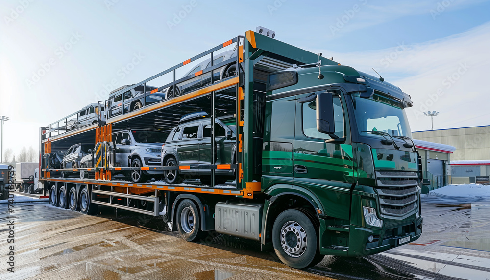 Logistics import export and cargo transportation industry, container truck, car carrier truck on a highway, shipment business, Automotive cargo transportation, delivery truck, hipping truck express.