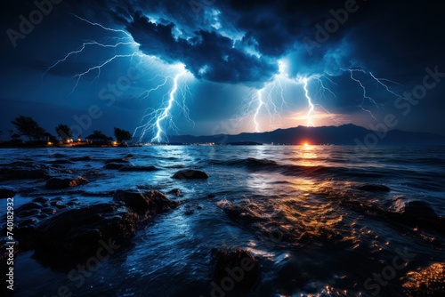 Multiple lightning strikes dancing across the sky above a body of water, creating a dramatic and electrifying scene