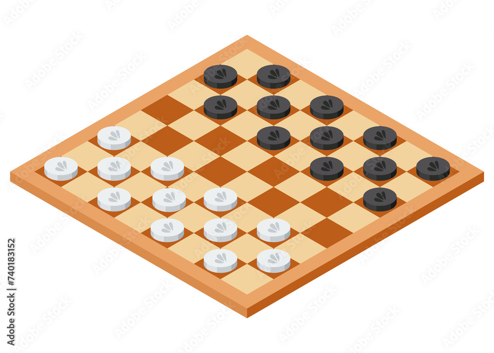 Board game, flat isometric view. Isolated colored icon of checkerboard. Cartoon family table game for adults and kids for leisure and recreation. illustration Board game, flat isometric view. Isolated colored icon of checkerboard. Cartoon family table game for adults and kids for leisure and recreation. illustration