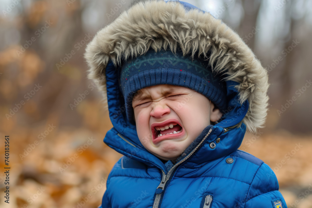 toddler refusing to wear his winter coat. He is crying and struggling toddler refusing to wear his winter coat. He is crying and struggling