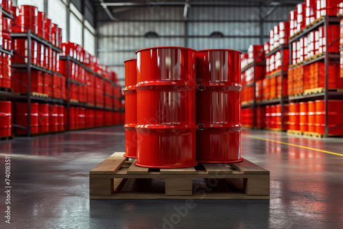 Large room or hall with red barrels on a pallet close up
 photo