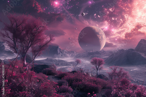 surreal landscape on an alien planet. The sky is filled with multiple moons and a nearby nebula