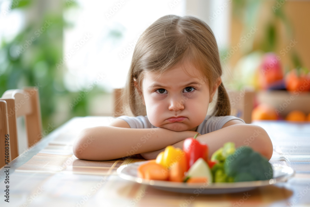 little girl crossing her arms and pouting in front of a plate of vegetables