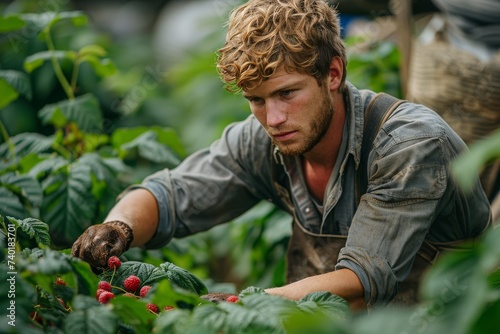 A rugged man braves the great outdoors, clad in earthy tones and sipping on a warm cup of coffee as he carefully plucks juicy berries from a vibrant green bush in his peaceful garden