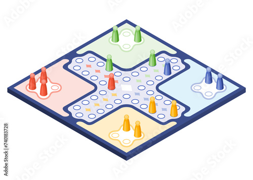 Board game, flat isometric view. Isolated colored icon. Playing cards and dice table gaming. Cartoon family table game for adults and kids for leisure and recreation.  illustration photo
