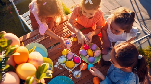 Sunlit children's hands picking brightly dyed Easter eggs during a festive outdoor activity. Young creators showcase their artful eggs on a wooden table, sharing the spirit of spring photo