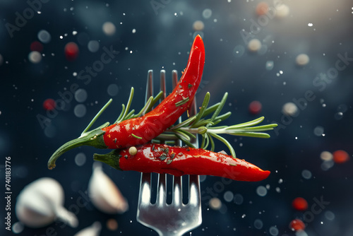 Red chili peppers with rosemary stuck on a fork with spice elements in the background with space for text and inscriptions, close up view 