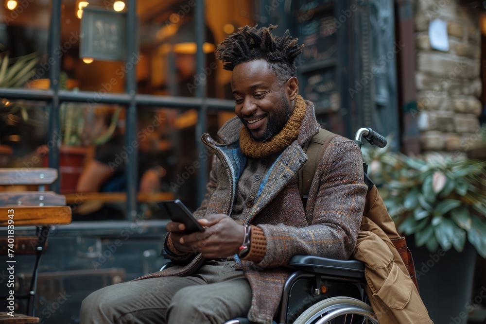 A man in a wheelchair sits on a busy street, his face lit up with excitement as he scrolls through his phone, surrounded by the vibrant colors of the city and the bustling buildings A man in a wheelchair sits on a busy street, his face lit up with excitement as he scrolls through his phone, surrounded by the vibrant colors of the city and the bustling buildings