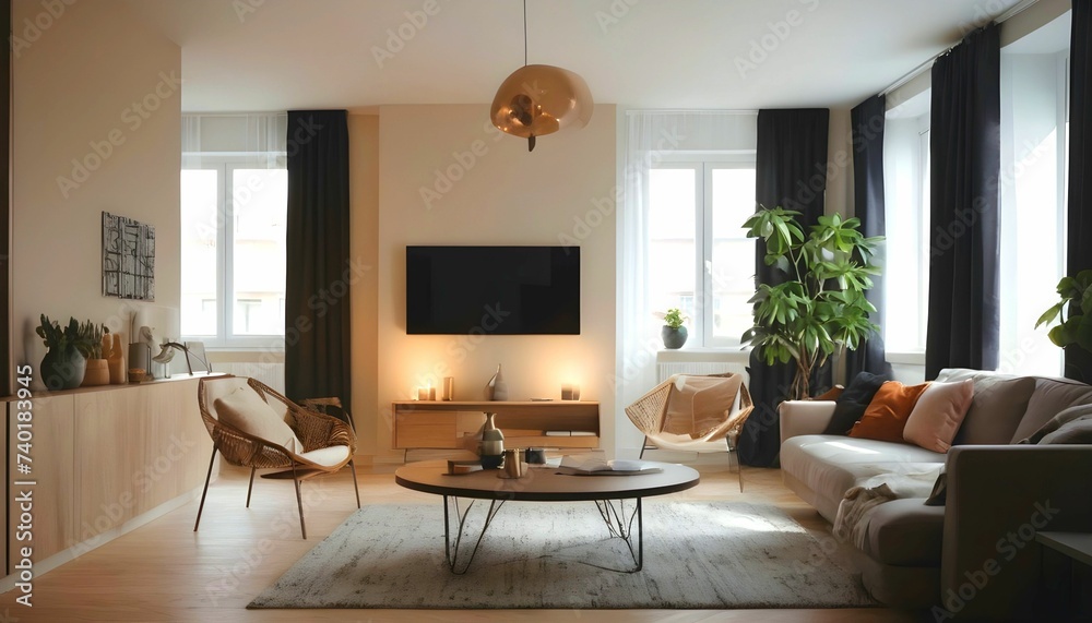 Fototapeta premium Living room interior with comfortable sofa and coffee table