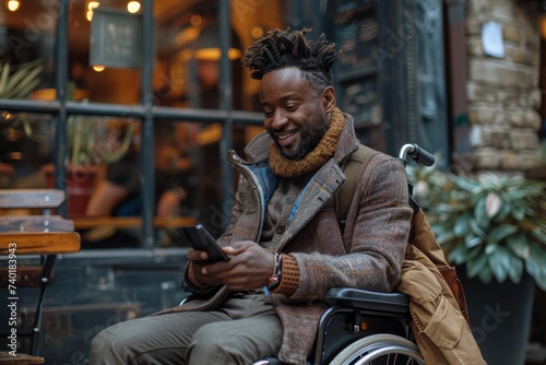 A man in a wheelchair sits on a busy street, his face lit up with excitement as he scrolls through his phone, surrounded by the vibrant colors of the city and the bustling buildings