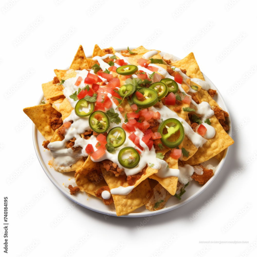 A plate of Loaded nachos on a white background A plate of Loaded nachos on a white background