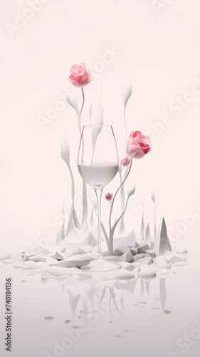 Winter concept. An elegant crystal glass decorated with a pastel rose. The glass is on the snow. A flower bloomed on the side. Ice curtains, icicles. A scene from a polar fairy tale. Milky winter.