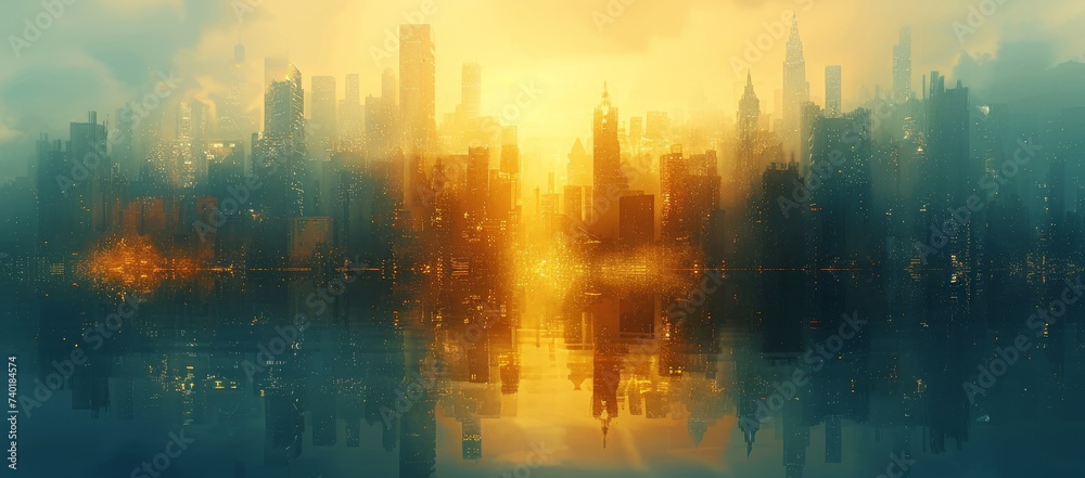 Amidst a sea of fog, a towering skyscraper glows with a warm yellow light, its reflection dancing upon the calm waters below, creating a mesmerizing cityscape against the cloudy sky