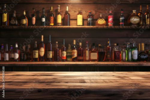 Empty wooden tabletop with a shelf of alcohols in the background with space for a product  text or inscriptions.Empty table in a bar 