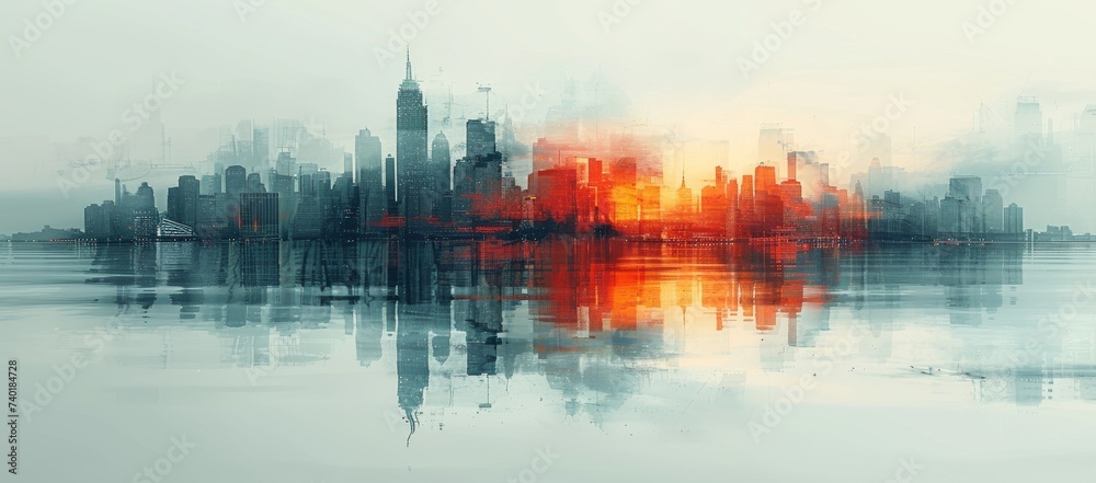 As the sun sets over the lake, the city skyline reflects upon the tranquil waters, creating a captivating outdoor landscape filled with the misty fog of a peaceful evening
