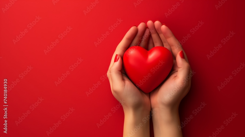 hands holding a simple red heart over a red background hands holding a simple red heart over a red background