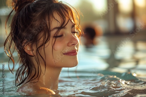 A mesmerizing portrait of a girl submerged in the cool, clear waters of a swimming pool, her human face reflecting the serene outdoor surroundings as she swims and bathes in pure bliss