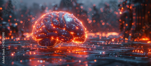 Shiny image of a brain processor with interactive holographic elements © AleksFil