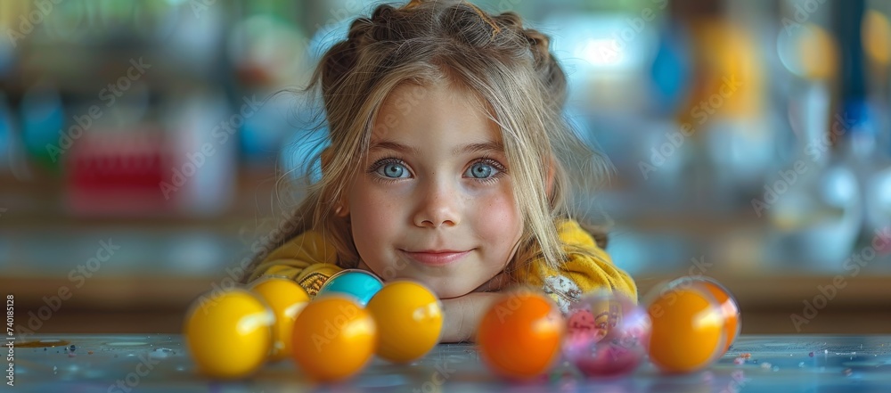 Fototapeta premium A young girl with piercing blue eyes and braided hair rests upon a table surrounded by colorful balls, exuding innocence and wonder in an indoor setting