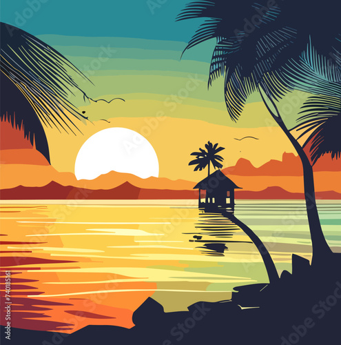 Tropical beach with palm trees and sea. Exotic island in ocean at sunset. Nature landscape and seascape. Horizontal abstract art background, banner, cover, wallpaper vector colorful illustration