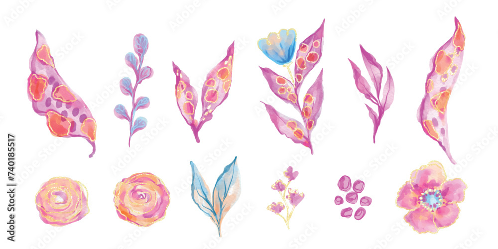 Set of watercolor pink and blue flowers, leaves with leopard spots. Collection botanical elements on white background. Blossom stickers for Wedding Invitation. Tulips, roses, leaves, leopard pattern