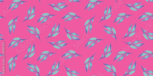 Elegant watercolor floral seamless patter. Blue leaves watercolor ornament on pink background